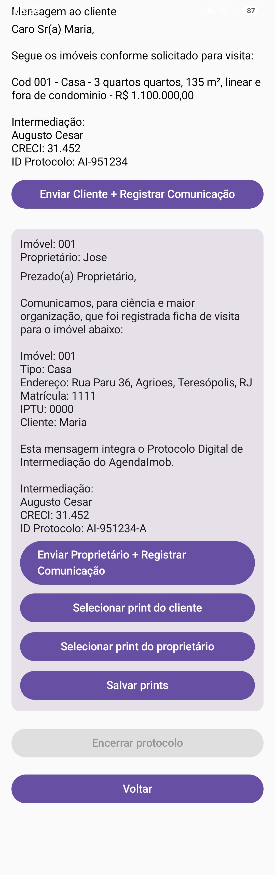 Registro de comunicação no AgendaImob